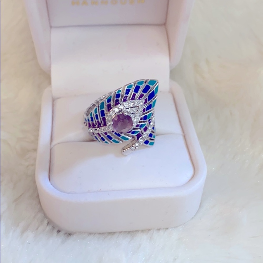Sterling Silver Enamel Amethyst Fancy Ring Sz 8